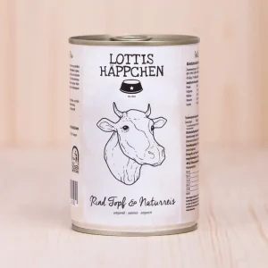 Sparpaket 24 x 400 g Lottis Häppchen Rind Topf & Naturreis Hunde Nassfutter Preisreduziert